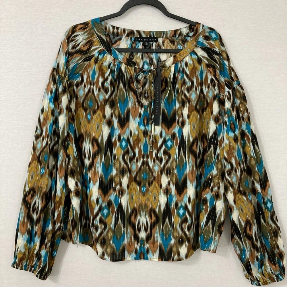 New Jane & Delancey Multi Color Tie Front Boho Long Sleeve Blouse XL